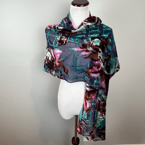 Velvet Burnout Wrap Shawl Fairycore 72 x 22" Jones New York Blues Greens Pinks - Picture 1 of 10
